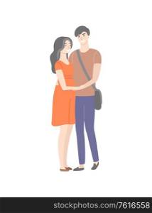 Cartoon students in love, male and female isolated characters flat style. Vector guy with bag over shoulder and brunette girl in red dress, teenage people. Cartoon Students in Love, Male and Female Isolated