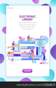 Cartoon Students Learning Using Digital Books Technology. Electronic Library, Internet Education, Online Courses. Distance Teaching University. Vertical Banner, Copy Space. Flat Vector Illustration. Students Training by Electronic Library Technology