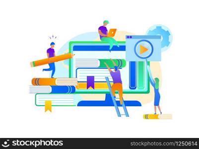 Cartoon Students Training by Digital Books Technology Tutorial Infographic, E-learning Research, University Exam. College, University Online Education Courses , Online. Flat Vector Illustration. Students Train by Digital Technology Infographic