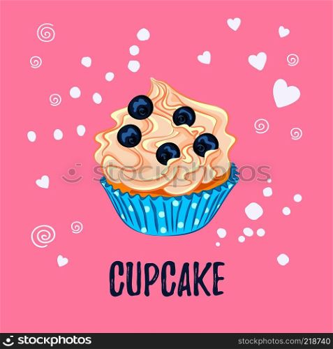 Cartoon style cupcake with whipped cream and blueberry in the blue paper holder vector icon on the pink background
