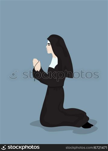 Cartoon style drawing of a praying nun