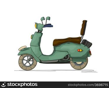 Cartoon style drawing of a retro scooter, isolated object on white background