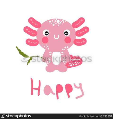 Cartoon style happy pink axolotl illustration. Perfect for T-shirt, textile and prints.