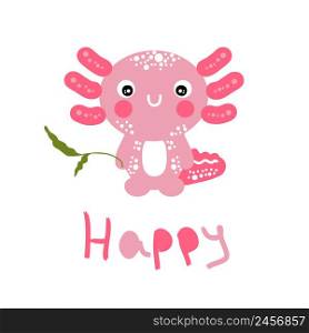 Cartoon style happy pink axolotl illustration. Perfect for T-shirt, textile and prints.