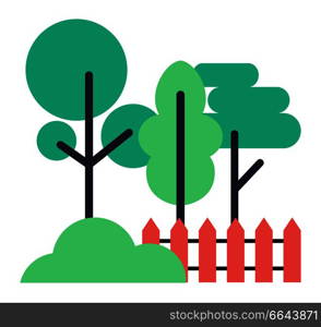 Cartoon style icons of various species of trees with foliage of different shade and shape, lush bush and wooden fence isolated on white background.. Icons of Trees, Bush and Wooden Fence on White