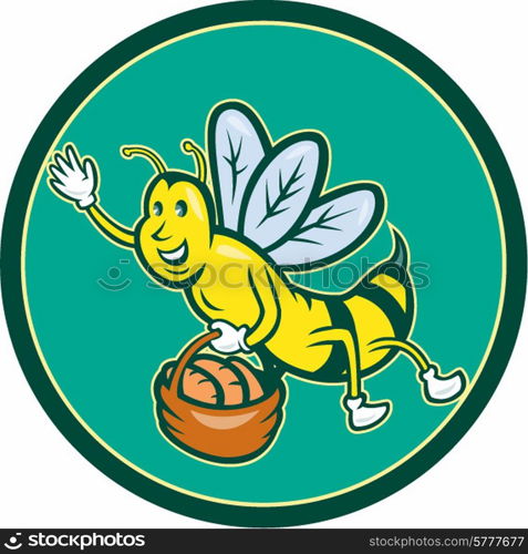 Cartoon style illustration of a bee flying waving carrying basket with bread viewed from side set inside circle on isolated background. . Bee Carrying Basket With Bread Cartoon