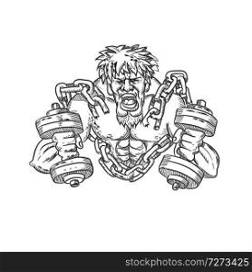 Cartoon style illustration of a buffed or ripped athlete with goatie and dumbbells breaking free from chains and shackle viewed from front done in black and white.. Buffed Athlete Dumbbells Breaking Free From Chains Drawing