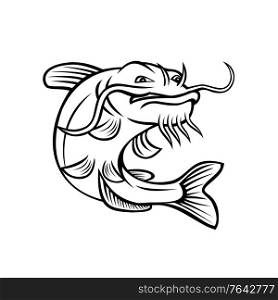 Cartoon style illustration of a channel catfish Ictalurus punctatus or channel cat, North America&rsquo;s most numerous catfish species, jumping up on isolated white background done in black and white.. Channel Catfish Ictalurus Punctatus or Channel Cat Jumping Up Cartoon Black and White
