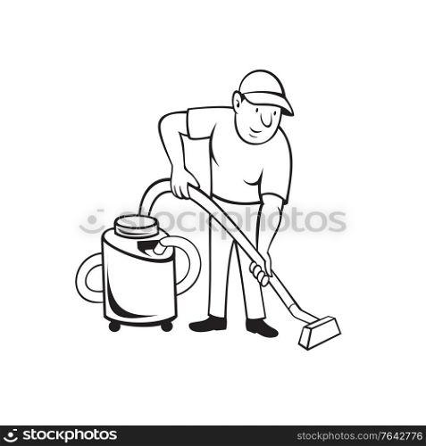 Cartoon style illustration of a commercial carpet cleaner worker vacuuming the floor with vacuum cleaner viewed from front on isolated background done in black and white. . Commercial Carpet Cleaner Worker Vacuuming with Vacuum Cartoon Black and White