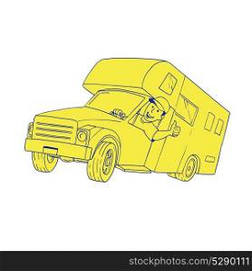 Cartoon style illustration of a Driver Thumbs Up driving Camper Van caravan Cartoon. Driver Thumbs Up Camper Van Cartoon