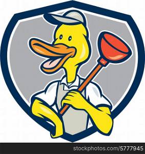 Cartoon style illustration of a duck plumber holding plunger on shoulder looking to the side set inside shield crest on isolated background. . Duck Plumber Holding Plunger Shield Cartoon