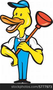 Cartoon style illustration of a duck plumber standing holding plunger on shoulder looking to the side viewed from front set on isolated white background. . Duck Plumber Plunger Standing Cartoon