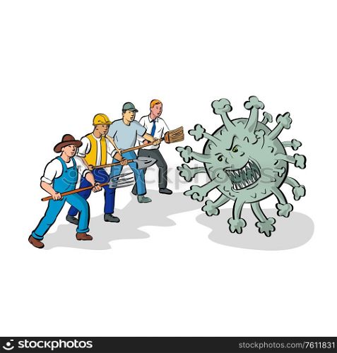 Cartoon style illustration of a farmer, construction worker, cleaner and office workers united together fighting an angry and aggressive covid-19 or corona virus cell on isolated white background.. United Workers Fighting Covid-19 Cartoon