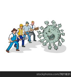 Cartoon style illustration of a farmer, construction worker, cleaner and office workers united together fighting an angry and aggressive covid-19 or corona virus cell on isolated white background.. United Workers Fighting Covid-19 Cartoon