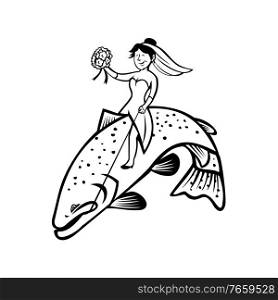 Cartoon style illustration of a female bride fisherman with flower bouquet riding a steelhead trout or rainbow trout bucking and jumping on isolated background done in black and white.. Bride Female Fisherman with Flower Bouquet Riding a Steelhead Trout Cartoon Black and White