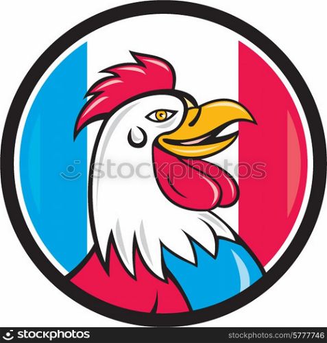 Cartoon style illustration of a french rooster chicken head smiling viewed from the side set inside circle with france flag stripes in the background. . French Rooster Head France Flag Circle Cartoon