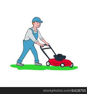 Cartoon style illustration of a gardener mowing lawn with lawnmower or lawn mower viewed from side on isolated background.. Gardener Mowing Lawn Cartoon