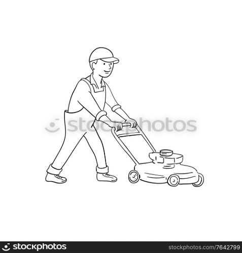 Cartoon style illustration of a gardener mowing lawn with lawnmower or lawn mower viewed from side on isolated background.. Gardener Mowing Lawn With Lawnmower Side View Black and White Cartoon