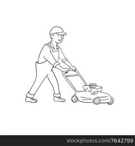Cartoon style illustration of a gardener mowing lawn with lawnmower or lawn mower viewed from side on isolated background.. Gardener Mowing Lawn With Lawnmower Side View Black and White Cartoon