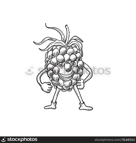 Cartoon style illustration of a happy blackberry fruit standing while smiling viewed from front on isolated background done in black and white.. Cartoon Happy Blackberry Fruit Standing While Smiling Front View Black and White