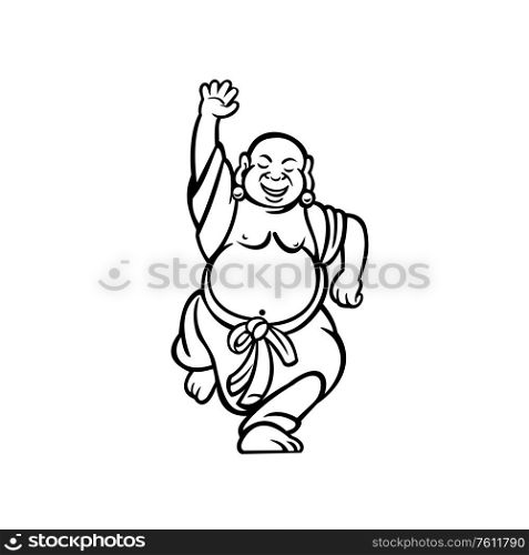 Cartoon style illustration of a happy Buddha dancing on isolated white background done in black and white.. Happy Buddha Dancing Cartoon