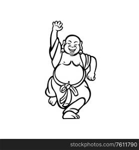 Cartoon style illustration of a happy Buddha dancing on isolated white background done in black and white.. Happy Buddha Dancing Cartoon