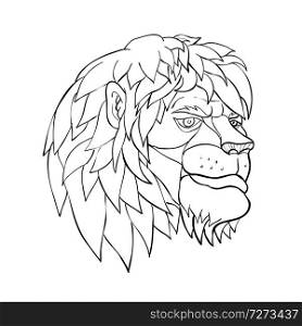 Cartoon style illustration of a head of a lion with full mane in pensive mood viewed from side on isolated background in black and white.. Pensive Lion Head Cartoon Black and White