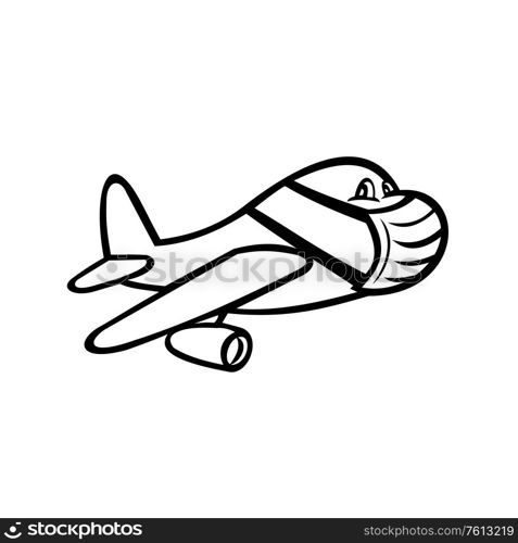 Cartoon style illustration of a jet plane or airplane wearing surgical mask, flying in full flight on isolated white background done in balck and white.. Airplane Wearing Mask Flying Cartoon Black and White