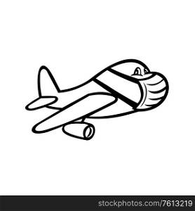 Cartoon style illustration of a jet plane or airplane wearing surgical mask, flying in full flight on isolated white background done in balck and white.. Airplane Wearing Mask Flying Cartoon Black and White