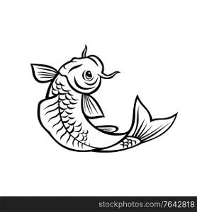 Cartoon style illustration of a jinli, Koi or nishikigoi fish, colored varieties of the Amur carp Cyprinus rubrofuscus, jumping up on isolated background done in black and white.. Jinli Koi or Nishikigoi Fish Jumping Up Cartoon Black and White Style