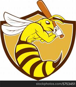 Cartoon style illustration of a kiiller bee baseball player holding bat batting viewed from the side set inside crest on isolated background.