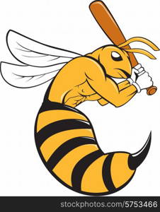 Cartoon style illustration of a kiiller bee baseball player holding bat batting viewed from the side set on isolated background. . Killer Bee Baseball Player Bat Cartoon