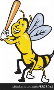 Cartoon style illustration of a killer bee baseball player smiling holding bat batting viewed from the front set on isolated white background. . Killer Bee Baseball Player Batting Isolated Cartoon