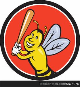 Cartoon style illustration of a killer bee baseball player smiling holding bat batting viewed from the front set inside circle on isolated background. . Killer Bee Baseball Player Batting Circle Cartoon
