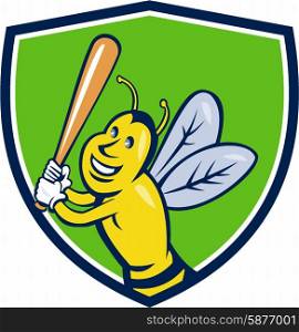 Cartoon style illustration of a killer bee baseball player smiling holding bat batting viewed from the front set inside shield crest on isolated background. . Killer Bee Baseball Player Batting Crest Cartoon