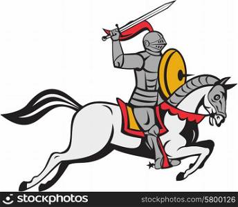 Cartoon style illustration of a knight in full armor holding sword on one hand over head and shield on the other hand riding horse steed attacking viewed from the side set on isolated white background. . Knight Sword Shield Steed Attacking Cartoon
