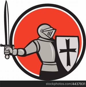Cartoon style illustration of a knight wearing armor holding shield and wielding sword viewed from the side set inside circle on isolated background. . Knight Wielding Sword Circle Cartoon