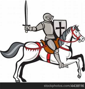 Cartoon style illustration of a knight wearing armor riding on his steed horse holding shield and wielding sword viewed from the side set on isolated white background. . Knight Steed Wielding Sword Cartoon