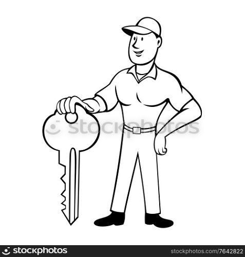Cartoon style illustration of a locksmith or keymaker standing and holding a key viewed from front on isolated background done in black and white. . Locksmith or Keymaker Standing and Holding Key Front View Cartoon Black and White