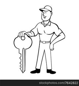 Cartoon style illustration of a locksmith or keymaker standing and holding a key viewed from front on isolated background done in black and white. . Locksmith or Keymaker Standing and Holding Key Front View Cartoon Black and White