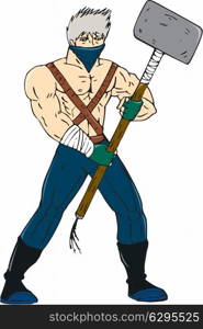 Cartoon style illustration of a masked ninja warrior superhero holding a giant sledgehammer viewed from front on isolated background.. Ninja Masked Warrior Sledgehammer Cartoon