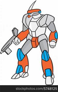 Cartoon style illustration of a mecha robot holding gun viewed from front in an isolated background.. Mecha Robot Holding Ray Gun Isolated