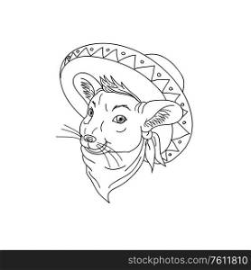 Cartoon style illustration of a Mexican chinchilla wearing a sombrero and bandana on isolated background done in black and white.. Mexican Chinchilla Wearing Sombrero Cartoon