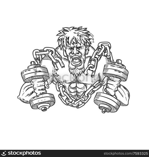 Cartoon style illustration of a muscular, buffed or ripped male athlete with goatie and dumbbells breaking free from chains and shackle viewed from front done in black and white.. Muscular Male With Dumbbells Breaking Free From Chains Drawing