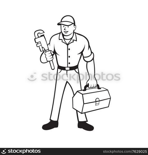 Cartoon style illustration of a plumber or handyman holding a monkey wrench and carrying a toolbox on isolated white background done in black and white.. Plumber Holding Monkey Wrench and Toolbox Cartoon Black and White