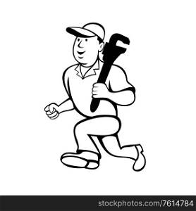 Cartoon style illustration of a plumber or handyman holding carrying a monkey wrench and running on isolated white background done in black and white.. Plumber Holding Monkey Wrench Running Cartoon Black and White