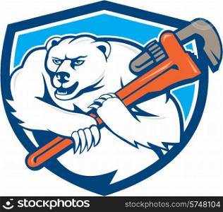 Cartoon style illustration of a polar bear plumber holding monkey wrench on shoulder set inside shield crest on isolated background.. Polar Bear Plumber Monkey Wrench Shield Cartoon
