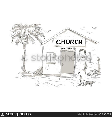 Cartoon style illustration of a skinny shirtless Samoan boy wearing lavalava standing by, beside or in front of church with coconut tree behind.. Samoan Boy Stand By Church Cartoon