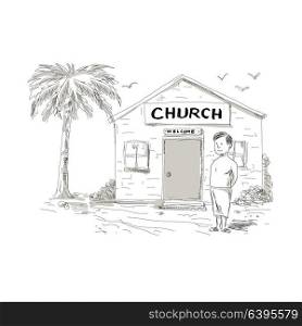 Cartoon style illustration of a skinny shirtless Samoan boy wearing lavalava standing by, beside or in front of church with coconut tree behind.. Samoan Boy Stand By Church Cartoon