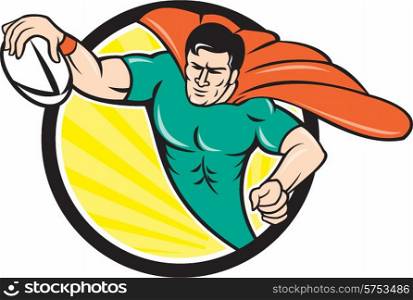 Cartoon style illustration of a superhero rugby player with ball scoring try set inside circle with sunburst in background. . Superhero Rugby Player Scoring Try Circle